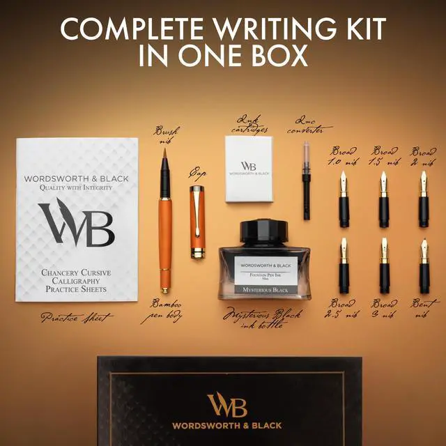 Alt view image 3 of 6 - Luxury Bamboo Cherry Calligraphy Pen Set, 6 Nibs | Fountain Ink Bottle, Cartridges, Refill Converter, Gift for Men, Women, Smooth Writing, Journaling, Lettering