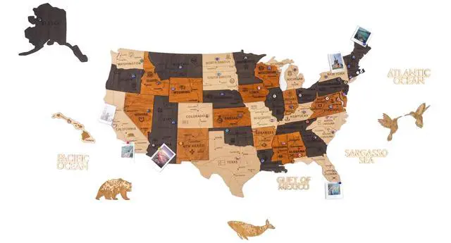 Main image of 3D Wooden USA Map Wall Art, Large Décor, Housewarming Gifts New Home | 3 Layer, Wooden Multicolor, with 50 US States Push Pins, Video Instruction Included