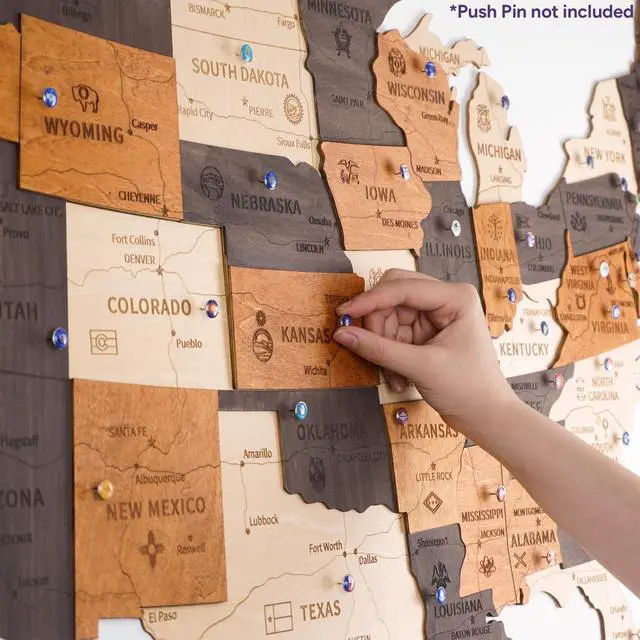 Alt view image 2 of 6 - 3D Wooden USA Map Wall Art, Large Décor, Housewarming Gifts New Home | 3 Layer, Wooden Multicolor, with 50 US States Push Pins, Video Instruction Included