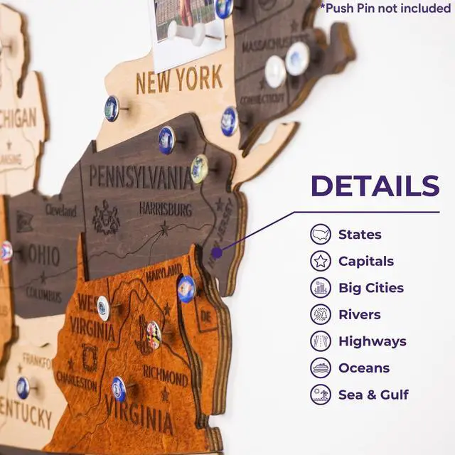 Alt view image 3 of 6 - 3D Wooden USA Map Wall Art, Large Décor, Housewarming Gifts New Home | 3 Layer, Wooden Multicolor, with 50 US States Push Pins, Video Instruction Included