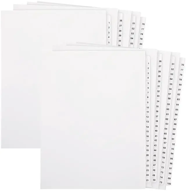 Main image of 2 Set 1-100 Numbered Tab Dividers Un-Punched Letter Size 8.5 x 11 Inch Paper Page White Binder Index Dividers for Office Documents Files