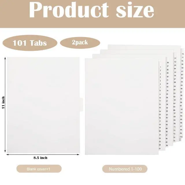 Alt view image 2 of 6 - 2 Set 1-100 Numbered Tab Dividers Un-Punched Letter Size 8.5 x 11 Inch Paper Page White Binder Index Dividers for Office Documents Files
