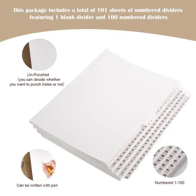 Alt view image 3 of 6 - 2 Set 1-100 Numbered Tab Dividers Un-Punched Letter Size 8.5 x 11 Inch Paper Page White Binder Index Dividers for Office Documents Files