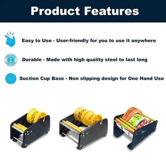 Alt view image 2 of 6 - MDJ by Excell Manual Metal Label Sticker Dispenser with 4 Suction Cups Base for Tabletop, Adjustable Holder for Multiple Rolls for Office, Home, Warehouse, Easy Peel Off, Fits up to 6.5" Wide Labels
