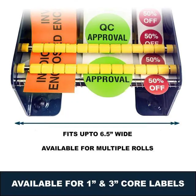 Alt view image 4 of 6 - MDJ by Excell Manual Metal Label Sticker Dispenser with 4 Suction Cups Base for Tabletop, Adjustable Holder for Multiple Rolls for Office, Home, Warehouse, Easy Peel Off, Fits up to 6.5" Wide Labels