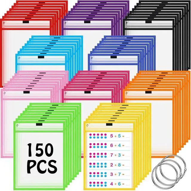 Main image of 150 Pcs Dry Erase Pockets Bulk Reusable Job Ticket Holders Clear Plastic Sleeve Protector Work Order Sleeve Shop Ticket Holder for Teacher Week Gift Office Supply(10 x 14'',Multicolor)