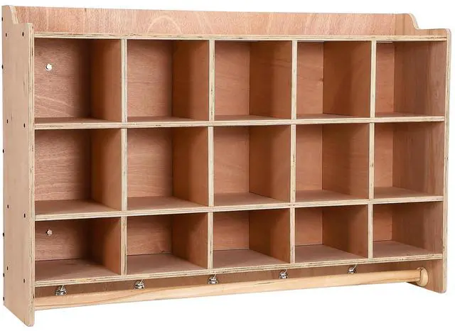 Main image of Cubby Storage Organizer Cubes, Daycare Shelves with 15 Cubbies Shoe Layer with Hooks and Shelf, Hanging Wall Mount, Furniture for Kids Toys, Classroom, 47Inch Width, Natural Retro