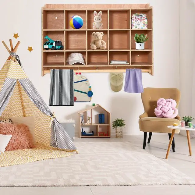 Alt view image 2 of 6 - Cubby Storage Organizer Cubes, Daycare Shelves with 15 Cubbies Shoe Layer with Hooks and Shelf, Hanging Wall Mount, Furniture for Kids Toys, Classroom, 47Inch Width, Natural Retro
