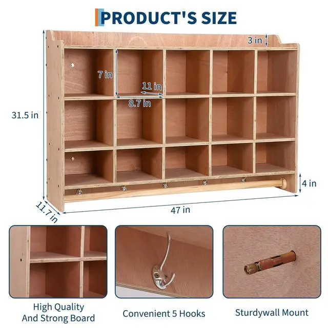 Alt view image 3 of 6 - Cubby Storage Organizer Cubes, Daycare Shelves with 15 Cubbies Shoe Layer with Hooks and Shelf, Hanging Wall Mount, Furniture for Kids Toys, Classroom, 47Inch Width, Natural Retro