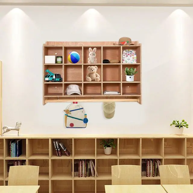 Alt view image 4 of 6 - Cubby Storage Organizer Cubes, Daycare Shelves with 15 Cubbies Shoe Layer with Hooks and Shelf, Hanging Wall Mount, Furniture for Kids Toys, Classroom, 47Inch Width, Natural Retro