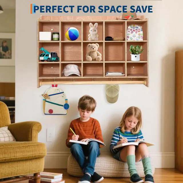Alt view image 6 of 6 - Cubby Storage Organizer Cubes, Daycare Shelves with 15 Cubbies Shoe Layer with Hooks and Shelf, Hanging Wall Mount, Furniture for Kids Toys, Classroom, 47Inch Width, Natural Retro