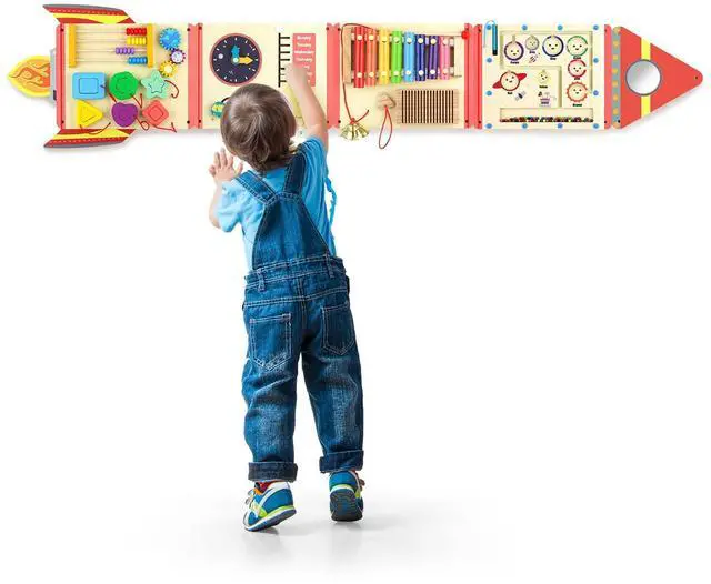 Main image of Wooden Wall Busy Board for Toddlers 1-3, Montessori Sensory Wall Panel | 12 Interactive Activities Sensory Learning Wall-Mounted Design Fine Motor Skills