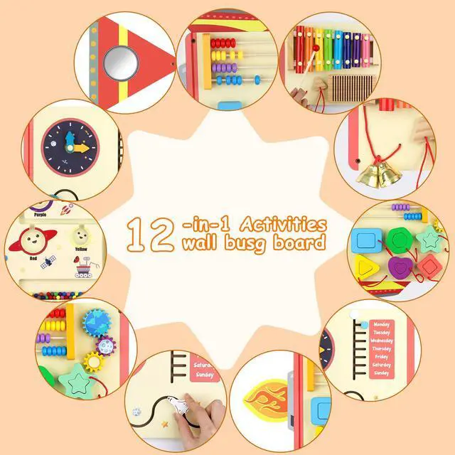 Alt view image 3 of 6 - Wooden Wall Busy Board for Toddlers 1-3, Montessori Sensory Wall Panel | 12 Interactive Activities Sensory Learning Wall-Mounted Design Fine Motor Skills
