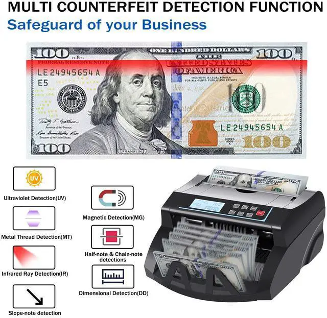 Alt view image 2 of 6 - Money Counter Machine Count Value for US Dollar only,UV/MG/MT/IR/DD Detection Bill Counter,Add+Batch/Add+Value Modes Money Counting Machine, Cash Counter with LCD Display