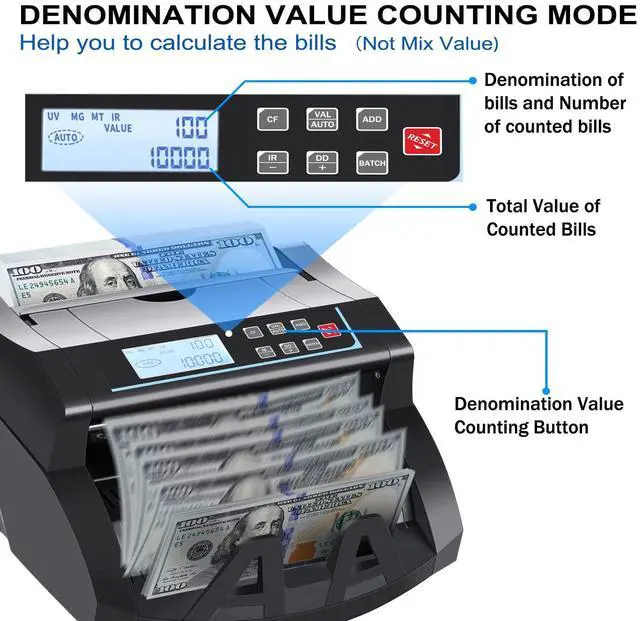 Alt view image 3 of 6 - Money Counter Machine Count Value for US Dollar only,UV/MG/MT/IR/DD Detection Bill Counter,Add+Batch/Add+Value Modes Money Counting Machine, Cash Counter with LCD Display