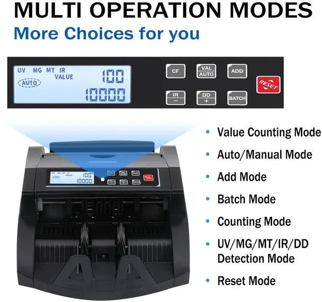 Alt view image 4 of 6 - Money Counter Machine Count Value for US Dollar only,UV/MG/MT/IR/DD Detection Bill Counter,Add+Batch/Add+Value Modes Money Counting Machine, Cash Counter with LCD Display