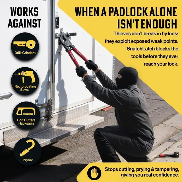 Alt view image 2 of 6 - Enclosed Trailer Door Lock Heavy Duty Anti Theft Steel Shroud | High Security Trailer Accessories for Cam Bar Style Latches 3 Step Easy Tool-Free Installation Fits Shackle Padlocks