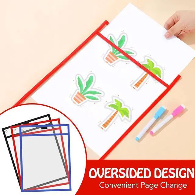 Alt view image 3 of 5 - 150 Pcs Dry Erase Pockets Bulk Reusable Job Ticket Holders Clear Plastic Sleeve Protector Work Order Sleeve Shop Ticket Holder for Teacher Week Gift Office Supply(10 x 14'',Black Blue Red)