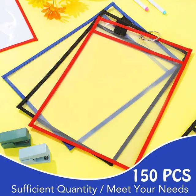 Alt view image 4 of 5 - 150 Pcs Dry Erase Pockets Bulk Reusable Job Ticket Holders Clear Plastic Sleeve Protector Work Order Sleeve Shop Ticket Holder for Teacher Week Gift Office Supply(10 x 14'',Black Blue Red)
