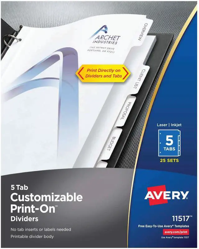 Main image of 5-Tab Print-On Binder Dividers, White Tabs, 25 Sets (11517)