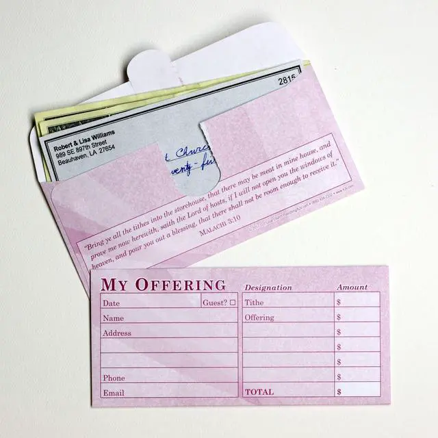 Alt view image 2 of 5 - Church Offering/Tithe Donation Envelopes, Simple Design, Easy-Open Tab, Blank Designation Lines, Fits Bills & Checks, Visitor Card/Information Form, Malachi 3:10 KJV Verse - Burgundy - Box of 500