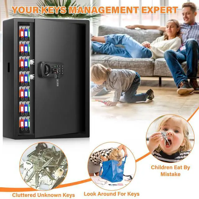 Alt view image 4 of 6 - 144 Keys Anti-Theft Fireproof Key Cabinet Wall Mount with Combination Lock | Key Tags Included, Key Slots, Adjustable Key Organizer, External Battery Box, for Home Office Hotel Garage Rental Business
