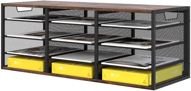 Main image of 12 Compartments Desktop Literature Organizer, Metal Frame Paper Sorter with Handles, Heavy Duty Mailbox for Classroom and Office, Wood File Organizer for Document, Bill, Magazine, Antique Brown