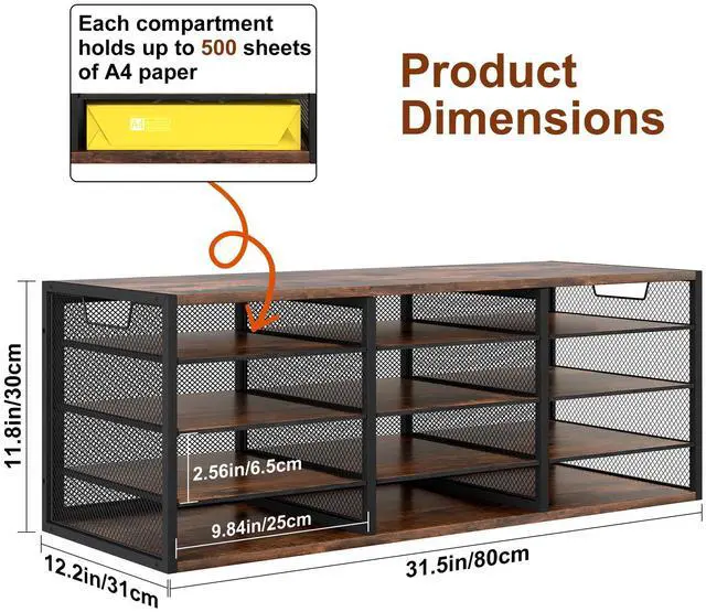 Alt view image 2 of 6 - 12 Compartments Desktop Literature Organizer, Metal Frame Paper Sorter with Handles, Heavy Duty Mailbox for Classroom and Office, Wood File Organizer for Document, Bill, Magazine, Antique Brown