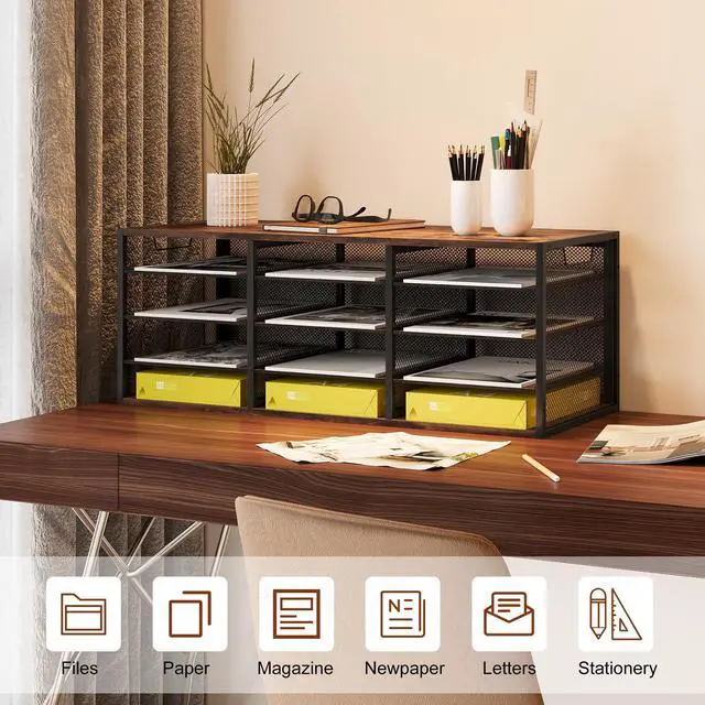 Alt view image 3 of 6 - 12 Compartments Desktop Literature Organizer, Metal Frame Paper Sorter with Handles, Heavy Duty Mailbox for Classroom and Office, Wood File Organizer for Document, Bill, Magazine, Antique Brown