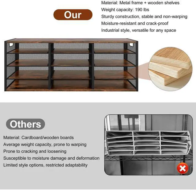 Alt view image 5 of 6 - 12 Compartments Desktop Literature Organizer, Metal Frame Paper Sorter with Handles, Heavy Duty Mailbox for Classroom and Office, Wood File Organizer for Document, Bill, Magazine, Antique Brown