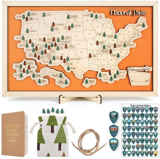 Main image of National Park Map Tracker, US National Parks Map, Wooden National Park Checklist Map Includes Journal, Pins & Stickers, National Park Lovers Gift for Hikers, Couples & Families