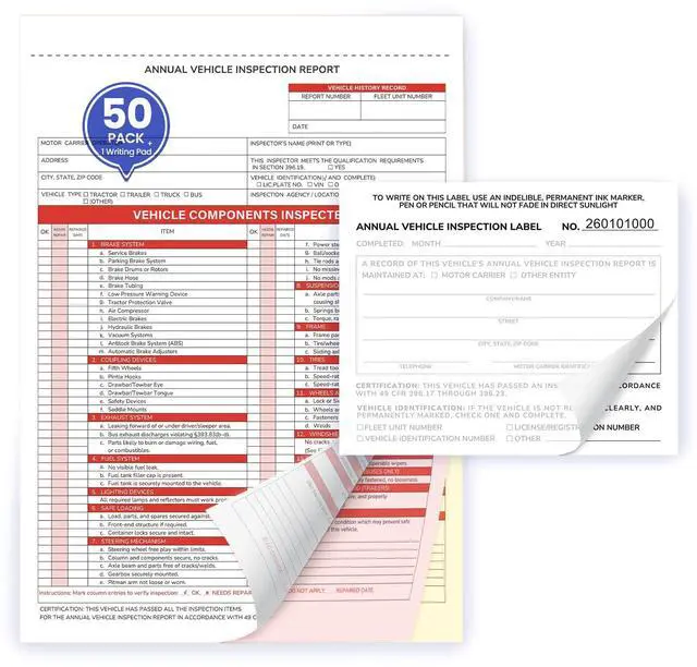 Main image of Annual Vehicle Inspection Record Kit 3-Part NCR Report Book (50 Sets) + White Adhesive Record Labels (50) for Trucks & Fleet Recordkeeping | Supports 49 CFR §396.17
