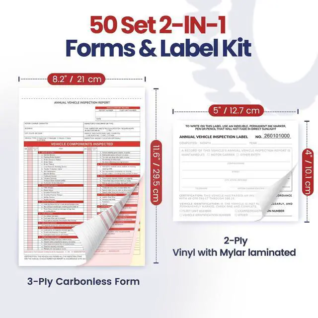 Alt view image 2 of 6 - Annual Vehicle Inspection Record Kit 3-Part NCR Report Book (50 Sets) + White Adhesive Record Labels (50) for Trucks & Fleet Recordkeeping | Supports 49 CFR §396.17