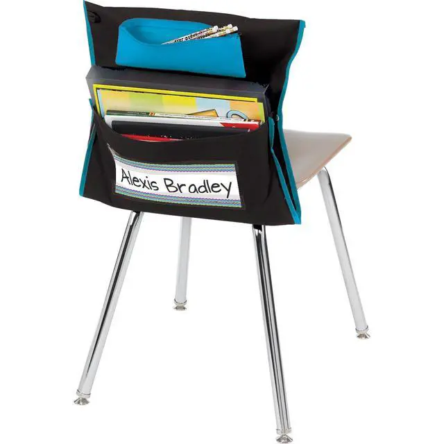Alt view image 2 of 6 - Deluxe Chair Pockets with Pencil Case, 6-Pack, Black | Chairback Storage Organizer for Students, Classroom Chairs and Seat Organization