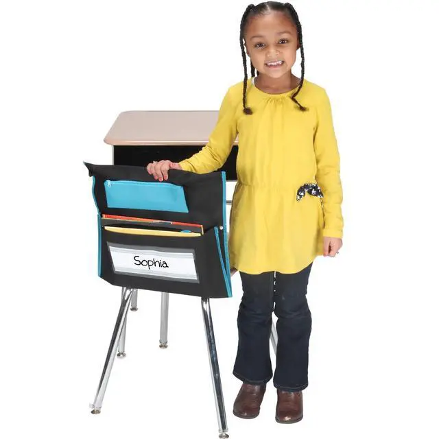 Alt view image 3 of 6 - Deluxe Chair Pockets with Pencil Case, 6-Pack, Black | Chairback Storage Organizer for Students, Classroom Chairs and Seat Organization
