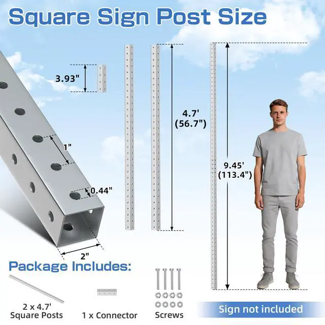 Alt view image 2 of 6 - 2" x 2" Square Sign Post 9.45 ft, Square Tubing with 7/16" Pre-Drilled Holes, Heavy Duty Galvanized Steel Tube, Perforated Metal Post for Real Estate, Parking, Street and Outdoor Signs