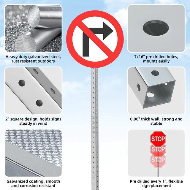Alt view image 3 of 6 - 2" x 2" Square Sign Post 9.45 ft, Square Tubing with 7/16" Pre-Drilled Holes, Heavy Duty Galvanized Steel Tube, Perforated Metal Post for Real Estate, Parking, Street and Outdoor Signs