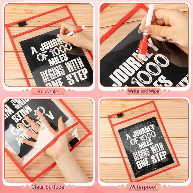 Alt view image 3 of 6 - 120 Pcs Clear Dry Erase Pockets Plastic Sleeves for Paper 14 x 10 Inch Reusable Job Holder Shop Ticket Holders Order Pockets Organizer Teacher Supplies for Classroom (Red)