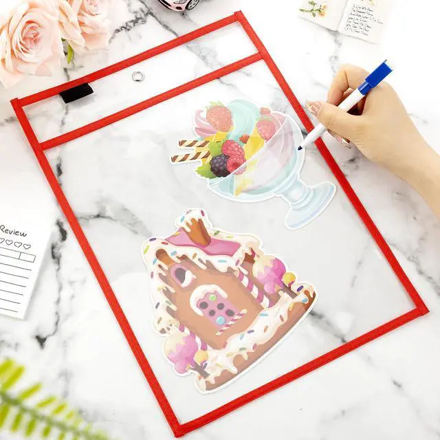 Alt view image 4 of 6 - 120 Pcs Clear Dry Erase Pockets Plastic Sleeves for Paper 14 x 10 Inch Reusable Job Holder Shop Ticket Holders Order Pockets Organizer Teacher Supplies for Classroom (Red)