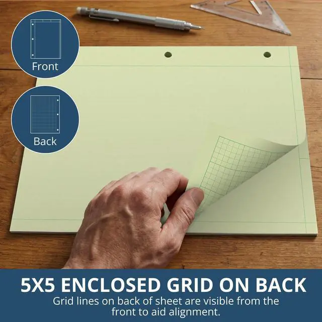 Alt view image 4 of 6 - Engineering Loose Leaf Filler Paper, 8.5"x11", 500 Sheets Per Pack, 5-pack (2500 Sheets) 15# Green Tinted Paper, Computation Paper, Proudly Made in The USA, Heavyweight Backer Board