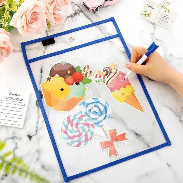 Alt view image 4 of 6 - 120 Pcs Clear Dry Erase Pockets Plastic Sleeves for Paper 14 x 10 Inch Reusable Job Holder Shop Ticket Holders Order Pockets Organizer Teacher Supplies for Classroom (Blue)