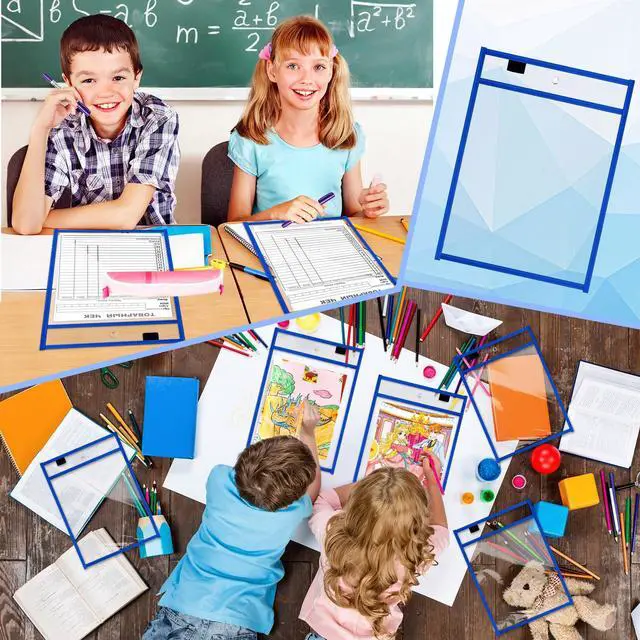 Alt view image 6 of 6 - 120 Pcs Clear Dry Erase Pockets Plastic Sleeves for Paper 14 x 10 Inch Reusable Job Holder Shop Ticket Holders Order Pockets Organizer Teacher Supplies for Classroom (Blue)