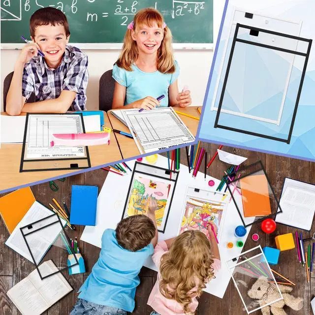 Alt view image 6 of 6 - 120 Pcs Clear Dry Erase Pockets Plastic Sleeves for Paper 14 x 10 Inch Reusable Document Holder Shop Ticket Holders Dry Erase Pocket Organizer Teacher Supplies for Classroom (Black, White)
