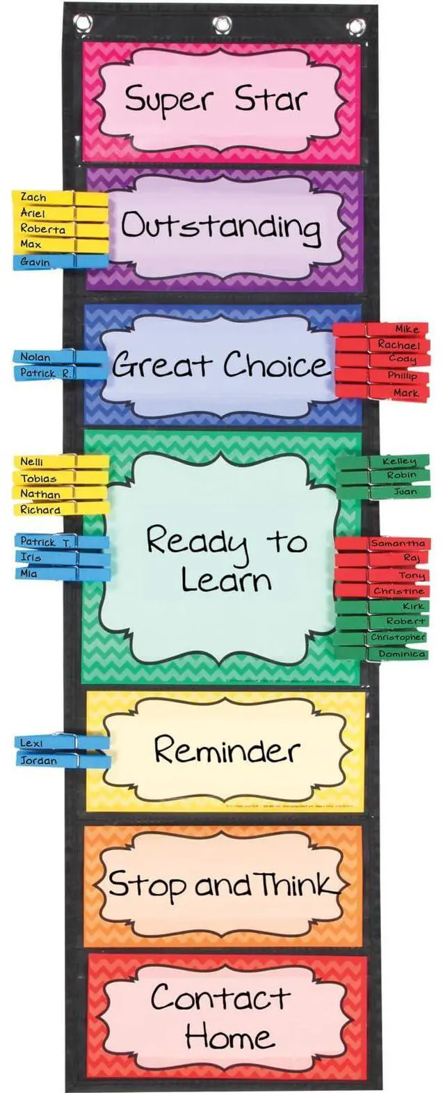 Main image of EZ-Tuck Clip-N-Track Behavior Pocket Chart | Ages 4+, PreK+, Includes Clothespins to Track Student Actions Daily, Classroom Behavior Management Essential