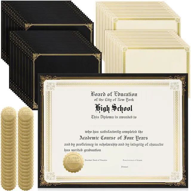 Main image of 300 Pcs Linen Certificate Holders Kit 100 Gold Foil Certificate Paper 100 Single Sided Linen Diploma Holders 8.5'' x 11'' 100 Gold Foil Award Seals Sticker for Award Accomplishment(Black)