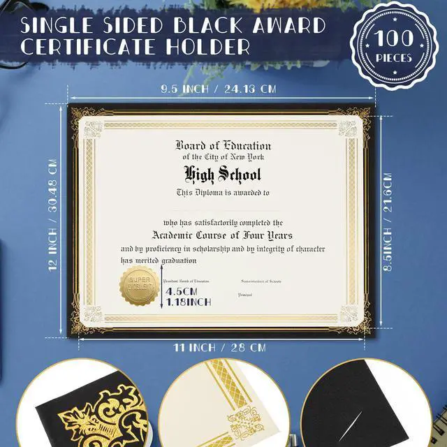 Alt view image 2 of 6 - 300 Pcs Linen Certificate Holders Kit 100 Gold Foil Certificate Paper 100 Single Sided Linen Diploma Holders 8.5'' x 11'' 100 Gold Foil Award Seals Sticker for Award Accomplishment(Black)