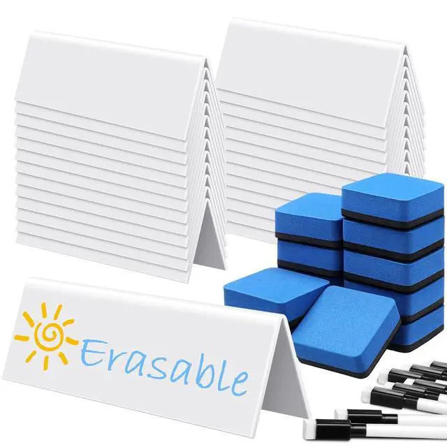 Main image of 36 Sets Reusable Name Tent Cards with Black Dry Erase Markers and Eraser Dry Erase Name Tents for Meetings White Name Plate for Weddings Classroom Office, 8.66 x 1.97 x 2.76 Inch