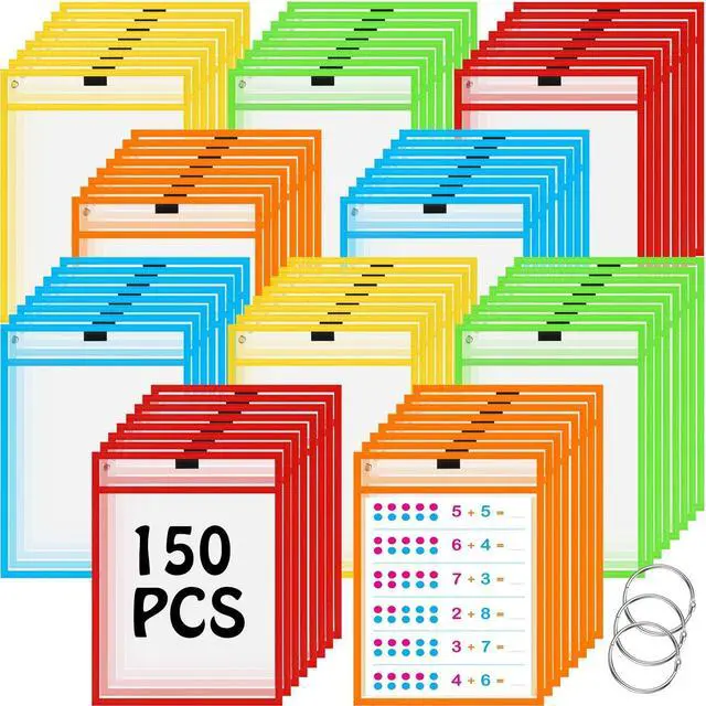 Main image of 150 Pcs Dry Erase Pockets Bulk Reusable Job Ticket Holders Clear Plastic Sleeve Protector Work Order Sleeve Shop Ticket Holder for Teacher Week Gift Office Supply(10 x 14'',Vivid)