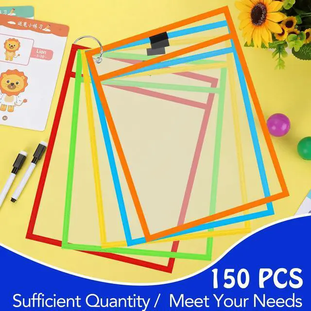 Alt view image 3 of 6 - 150 Pcs Dry Erase Pockets Bulk Reusable Job Ticket Holders Clear Plastic Sleeve Protector Work Order Sleeve Shop Ticket Holder for Teacher Week Gift Office Supply(10 x 14'',Vivid)
