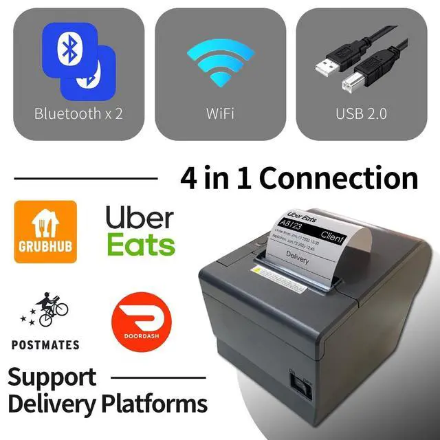 Alt view image 2 of 6 - Thermal Receipt Printer PaperWidth 3 Cash Register Dual WiFi Bluetooth USB Support Food Delivery App Print Ticket Ubereats Postmates Grubhub Togo Shop Also for Doordash
